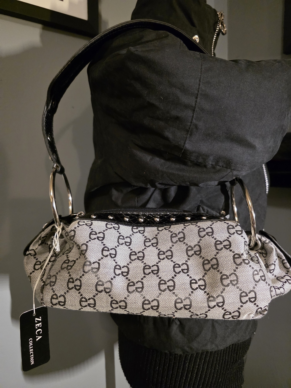 Zeca Collection Monogram Shoulder Bag Pewter Black Ring Handle Y2K Inspired